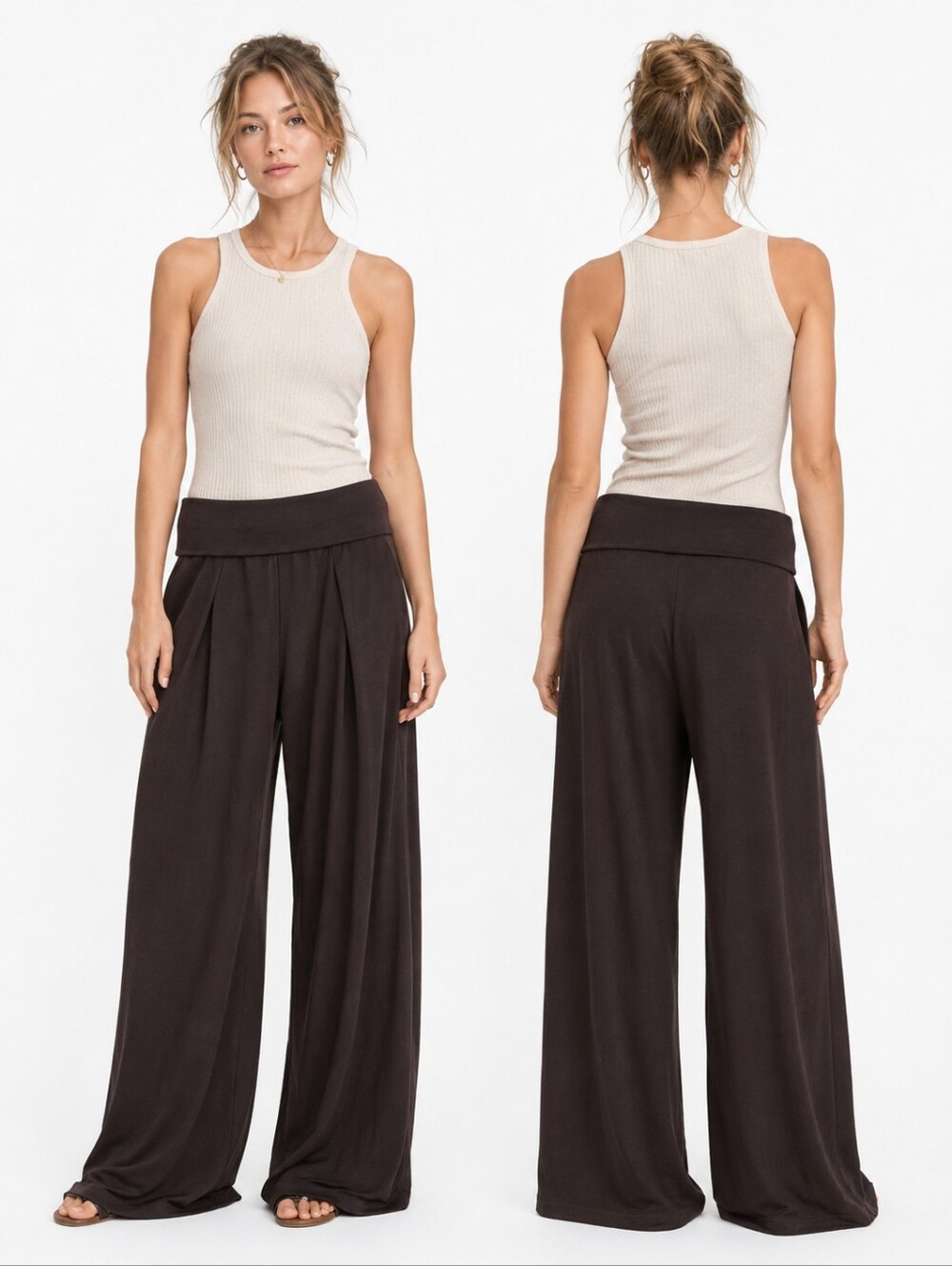 Nwt Oysho Chocolate Brown Wide Leg Foldover Lounge Pants Hi Waist Tall Long